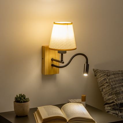 Brilagi - LED Fleksibilna stenska svetilka NUBILA WOOD 1xE27/25W/230V + LED/3W hrast/svetlo rjava