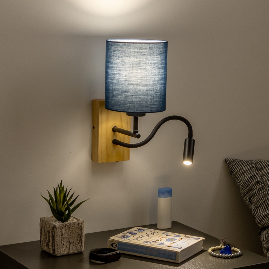 Brilagi - LED Fleksibilna stenska svetilka NUBILA WOOD 1xE27/25W/230V + LED/3W hrast/temno modra