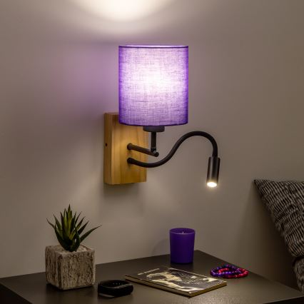 Brilagi - LED Fleksibilna stenska svetilka NUBILA WOOD 1xE27/25W/230V + LED/3W hrast/vijolična
