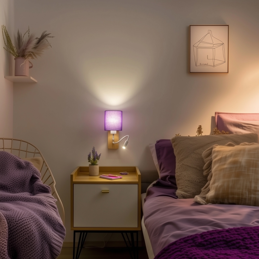 Brilagi - LED Fleksibilna stenska svetilka NUBILA WOOD 1xE27/25W/230V + LED/3W hrast/vijolična