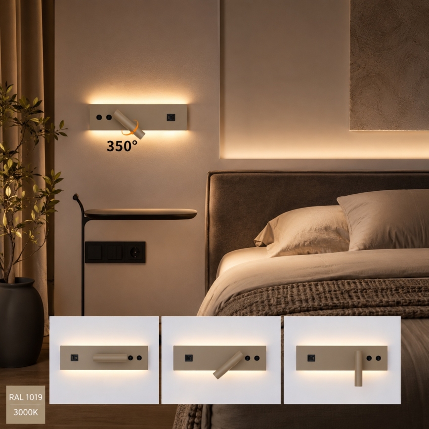 Brilagi - LED stensko točkovno svetilo z USB priključkom NOCTIS LED/3W/230V + LED/9W bež