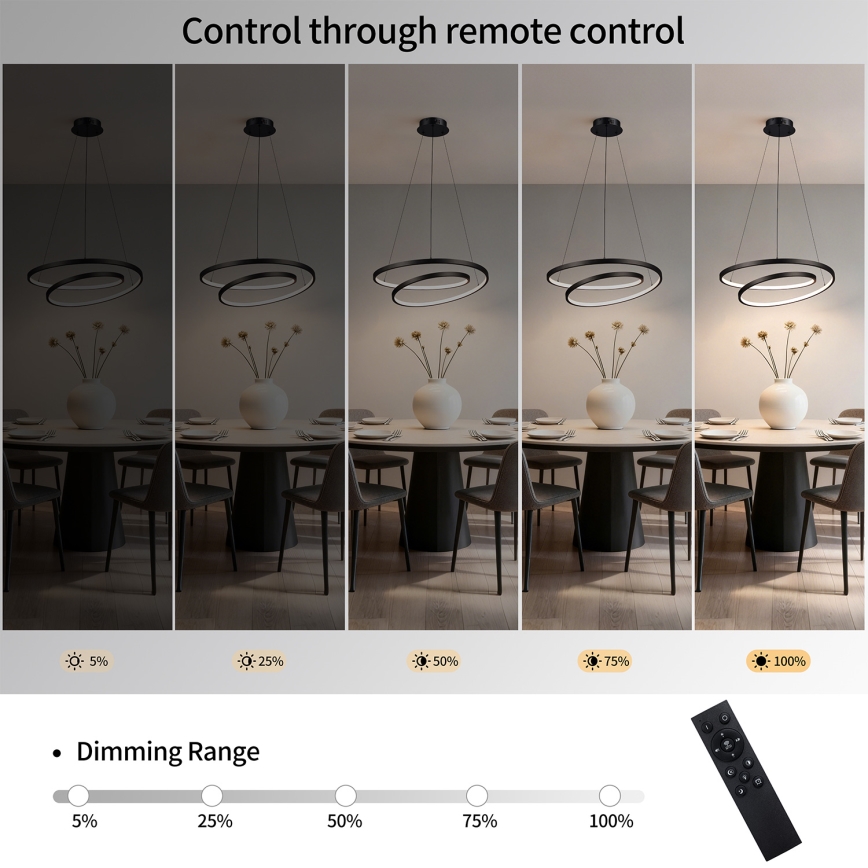 Brilagi - LED lestenec z možnostjo zatemnitve na kablu TWISTER LED/48W/230V 3000-6000K, premer 50 cm, črna + daljinski upravljalnik