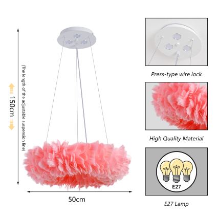 Brilagi - LED viseči lestenec na jeklenem kablu FEATHER 3xE27/40W/230V + 3xLED/3W, premer 50 cm, rožnat