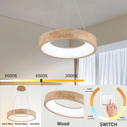 Brilagi - LED lestenec na kablu FALCON WOOD, 30W, 230V, 3000/4000/6000K, premer 45 cm, les