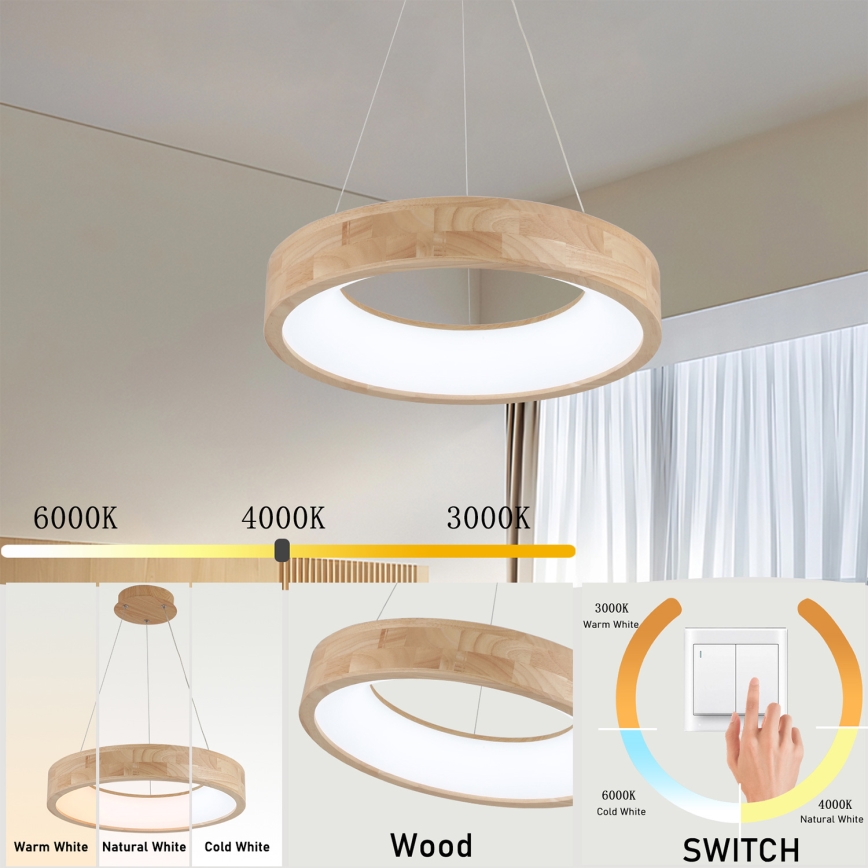Brilagi - LED lestenec na kablu FALCON WOOD, 30W, 230V, 3000/4000/6000K, premer 45 cm, les