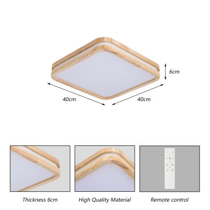 Brilagi - LED zatemnljivo stropno svetilo MOLINA SQUARE LED/48W/230V 3000-6000K hrast 40x40 cm + daljinski upravljalnik