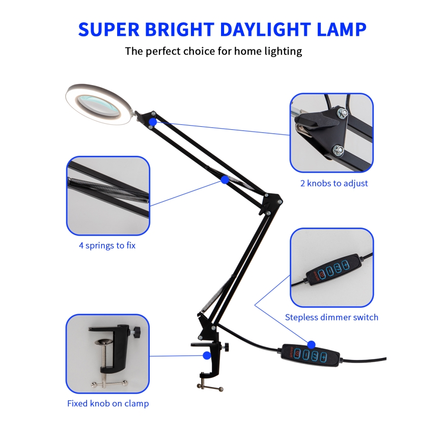 Brilagi - LED Zatemnitvena namizna svetilka s povečevalnim steklom LED/12W/5V 3000/4200/6000K črna