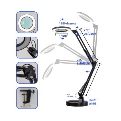 Brilagi - LED Zatemnitvena namizna svetilka s povečevalnim steklom LED/12W/5V 3000/4200/6000K črna