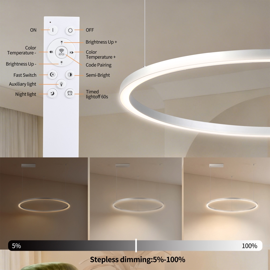 Brilagi - LED lestenec z možnostjo zatemnitve na kablu PORTOFINO LED/60W/230V 3000-6000K premer 80 cm srebrna + daljinski upravljalnik