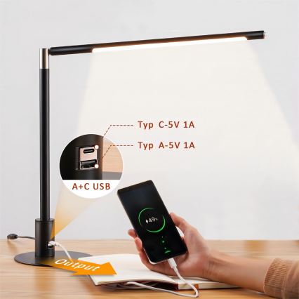 Brilagi - LED namizna svetilka na dotik z nastavljivo svetlostjo in USB priključki VARIO LED/7W/230V 3000-6500K CRI 96 črna