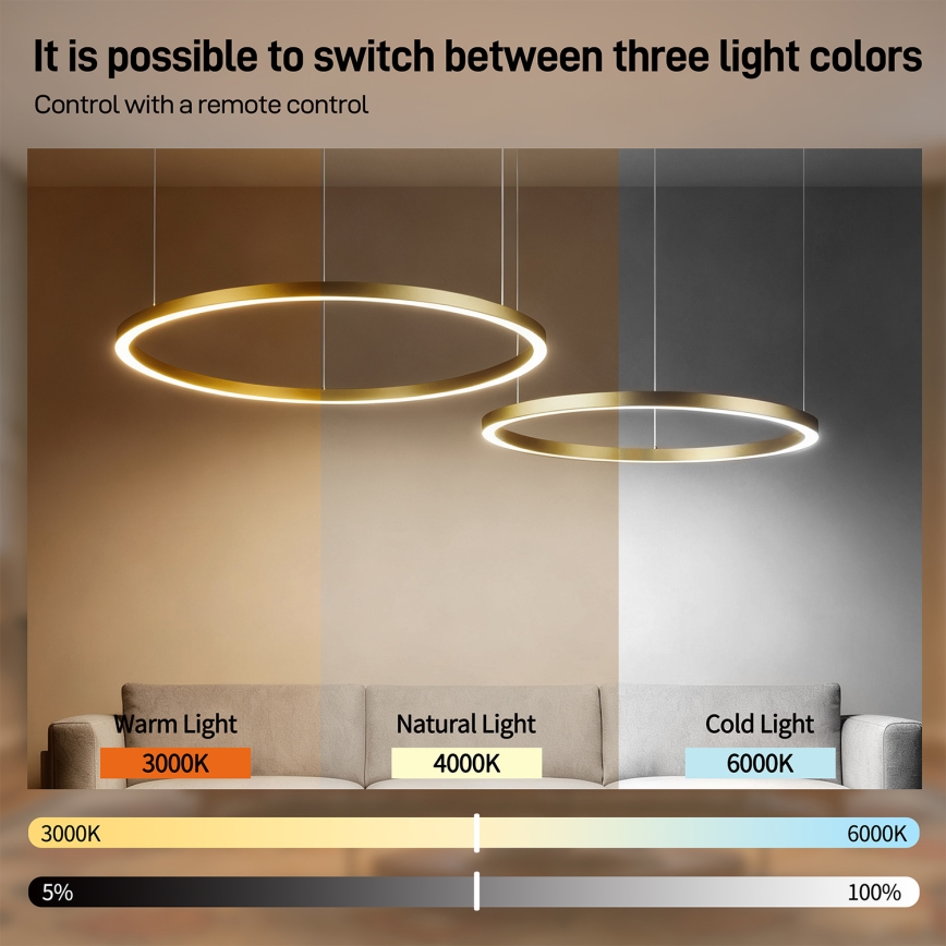 Brilagi - Zatemljiv LED lestenec na jeklenem kablu PORTOFINO LED/98W/230V 3000-6000K zlata + daljinski upravljalnik