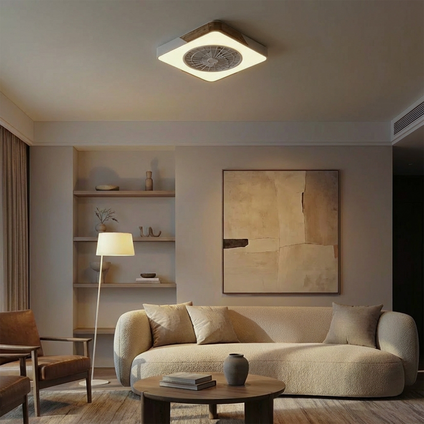 Brilagi - zatemnjiva LED stropna svetilka z ventilatorjem LED/38W/230V 3000-6500K 3000-6500K 50x50 cm bela/hrast + daljinski upravljalnik