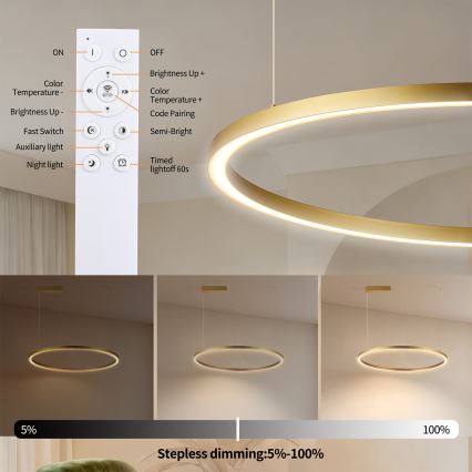 Brilagi - LED lestenec z možnostjo zatemnitve na kablu PORTOFINO LED/60W/230V 3000-6000K premer 80 cm zlati + daljinski upravljalnik