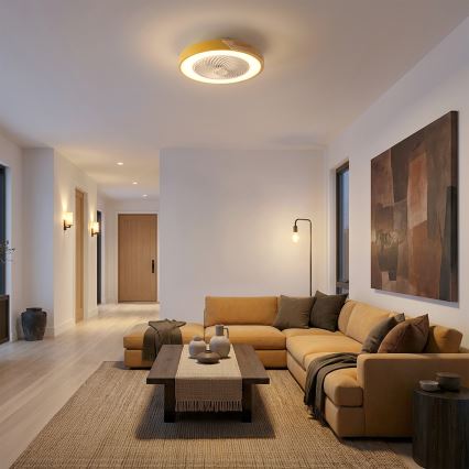 Brilagi - LED zatemnjivo stropno svetilo z ventilatorjem LED/38W/230V 3000-6500K, premer 50 cm, zlato/hrast + daljinski upravljalnik
