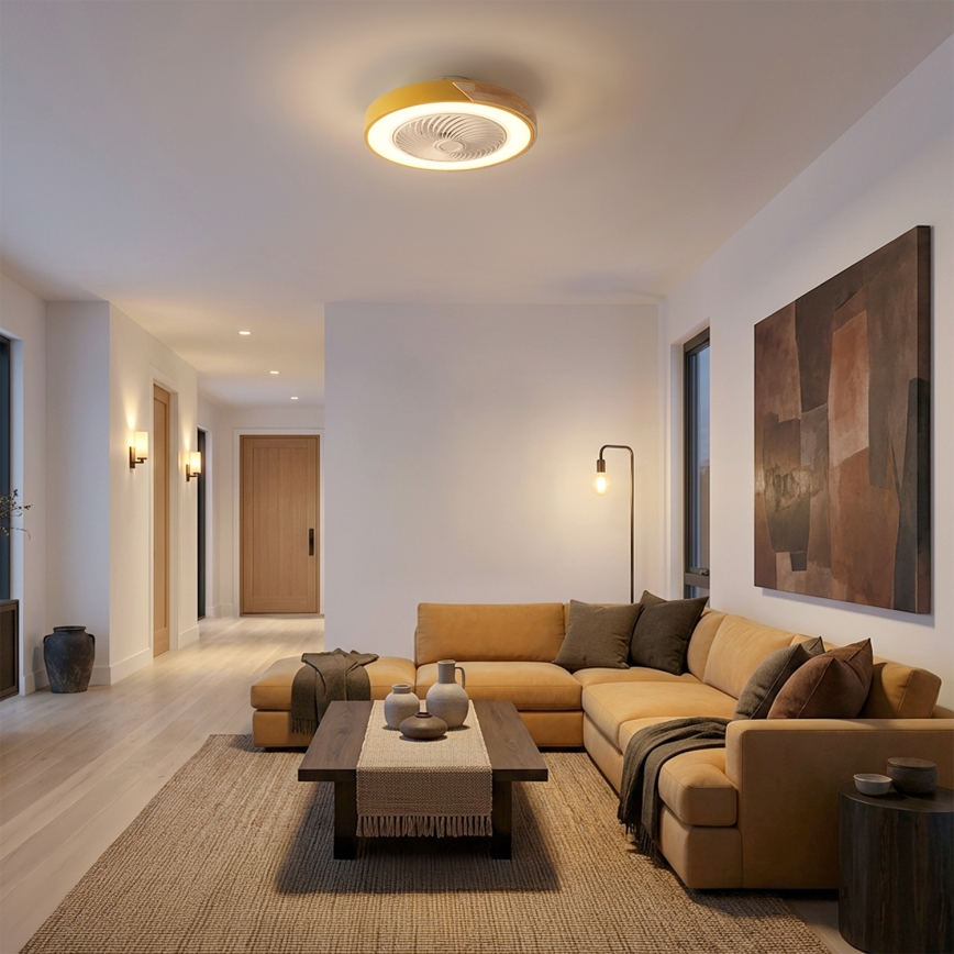 Brilagi - LED zatemnjivo stropno svetilo z ventilatorjem LED/38W/230V 3000-6500K, premer 50 cm, zlato/hrast + daljinski upravljalnik