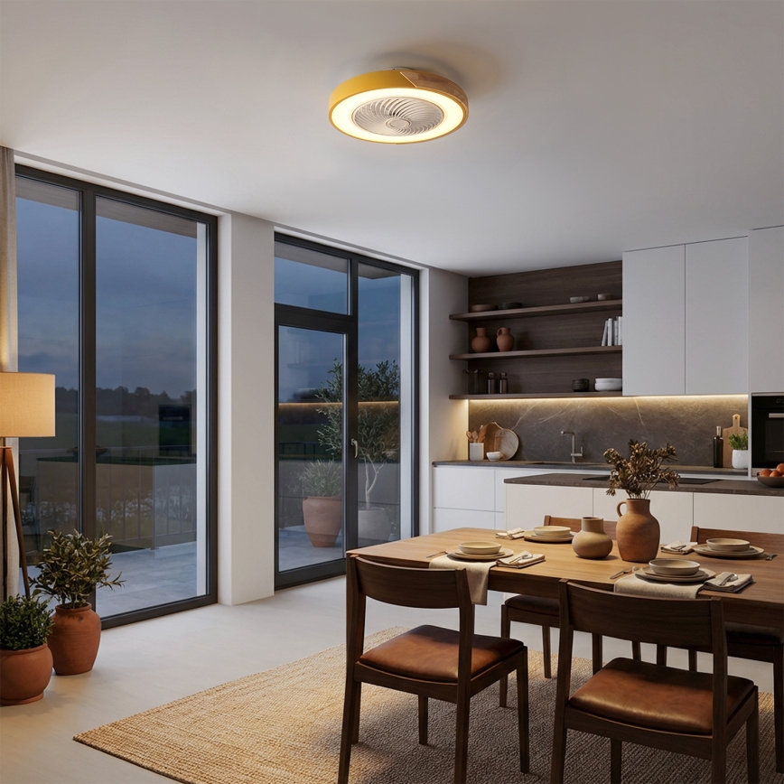 Brilagi - LED zatemnjivo stropno svetilo z ventilatorjem LED/38W/230V 3000-6500K, premer 50 cm, zlato/hrast + daljinski upravljalnik