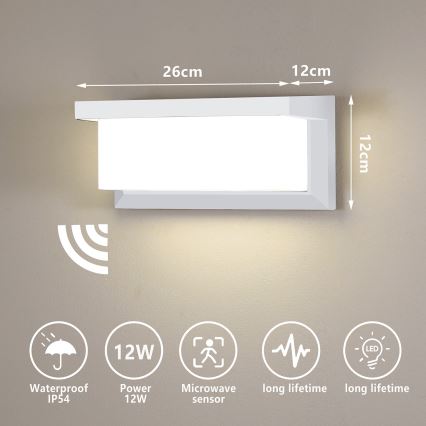 Brilagi - LED Zunanja stenska svetilka s senzorjem BRICKY LED/12W/230V bela IP54