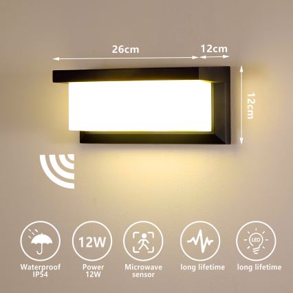 Brilagi - LED Zunanja stenska svetilka s senzorjem BRICKY LED/12W/230V črna IP54