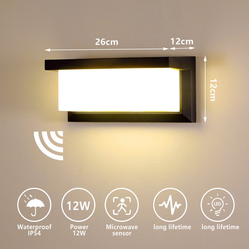 Brilagi - LED Zunanja stenska svetilka s senzorjem BRICKY LED/12W/230V črna IP54