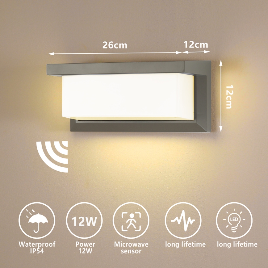 Brilagi - LED Zunanja stenska svetilka s senzorjem BRICKY LED/12W/230V siva IP54