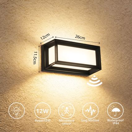 Brilagi - LED zunanje stensko svetilo s senzorjem PARKER LED/12W/230V črno IP44