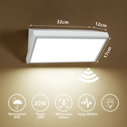 Brilagi - LED Zunanja stenska svetilka s senzorjem TRIANGLE LED/20W/230V bela IP65