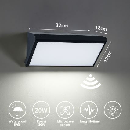 Brilagi - LED Zunanja stenska svetilka s senzorjem TRIANGLE LED/20W/230V črna IP65