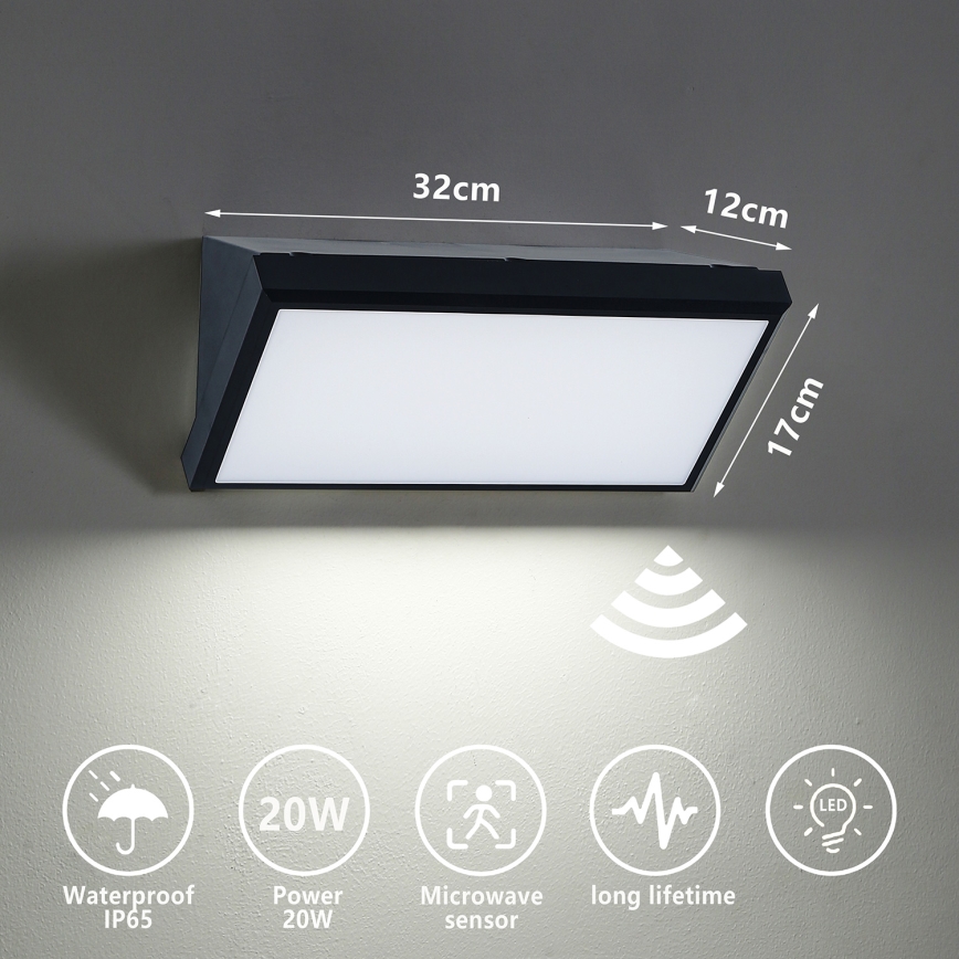 Brilagi - LED Zunanja stenska svetilka s senzorjem TRIANGLE LED/20W/230V črna IP65