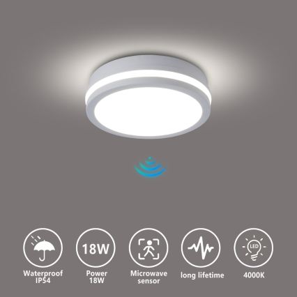 Brilagi - LED zunanja stropna svetilka s senzorjem BENE LED/18W/230V premer 21,5 cm bela IP54