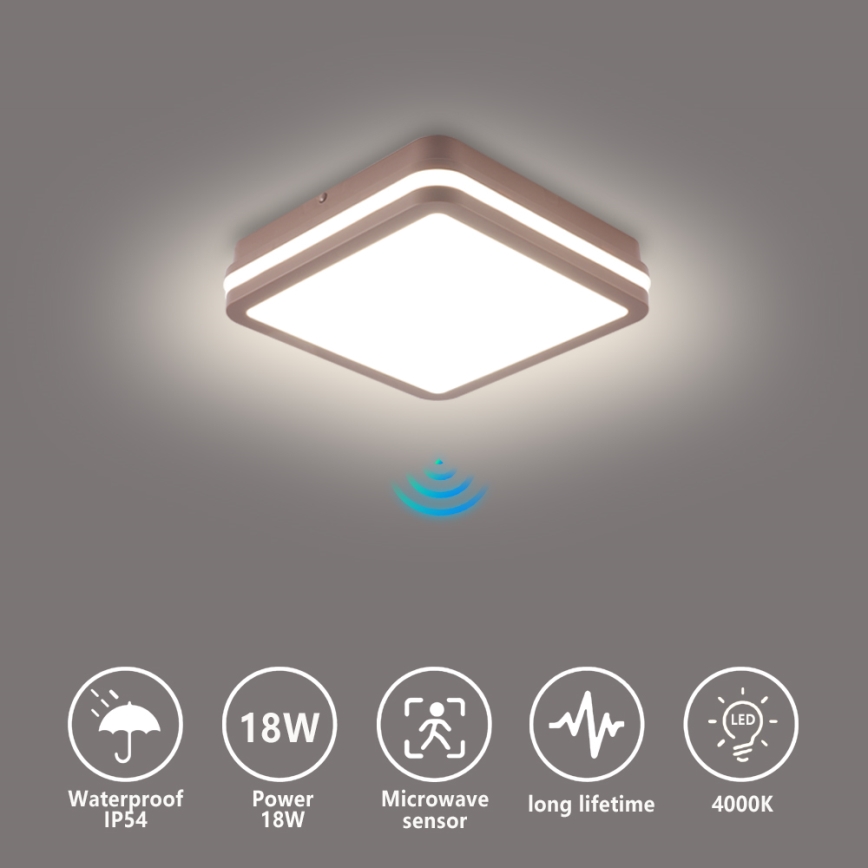 Brilagi - LED zunanja stropna svetilka s senzorjem BENE LED/18W/230V 21,5x21,5 cm rjava IP54