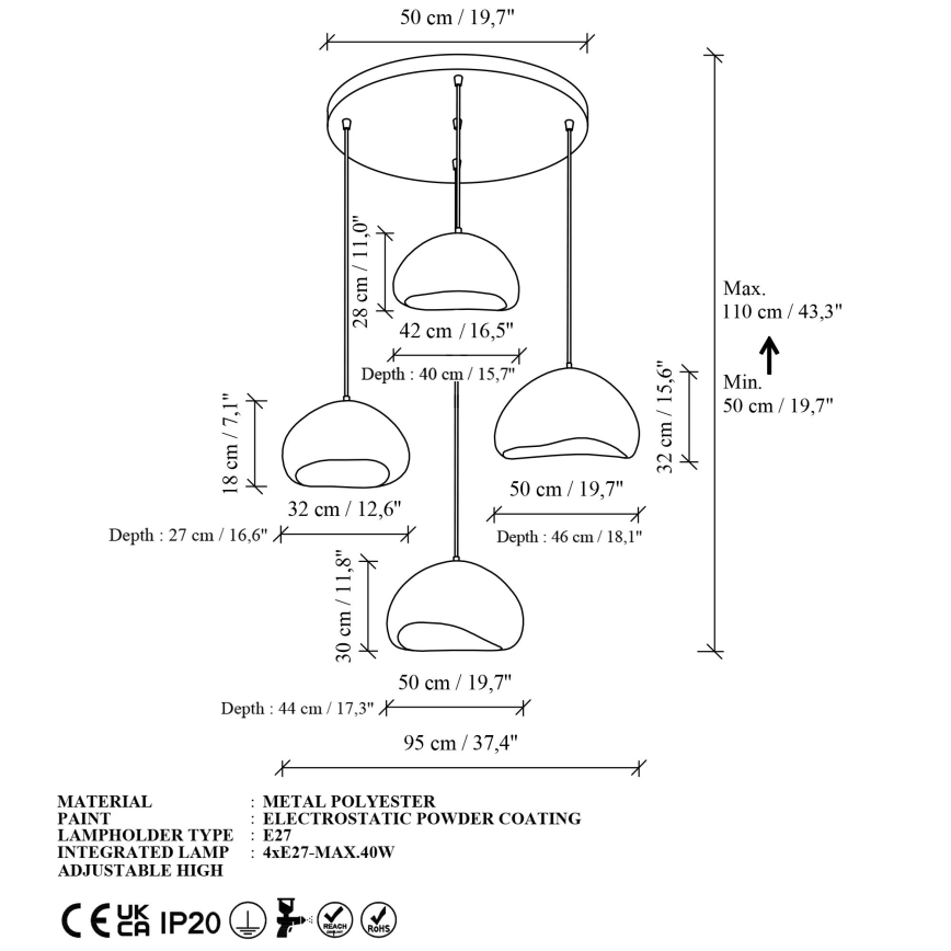 Brilagi - Lestenec na kablu WABI SABI 4xE27/40W/230V, premer 95 cm, bela