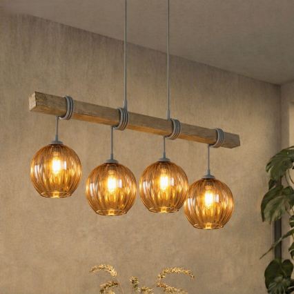 Brilagi - Viseči lestenec na kablu WOOD GLASS 4xE27/60W/230V borovica/siva/dimno rjava