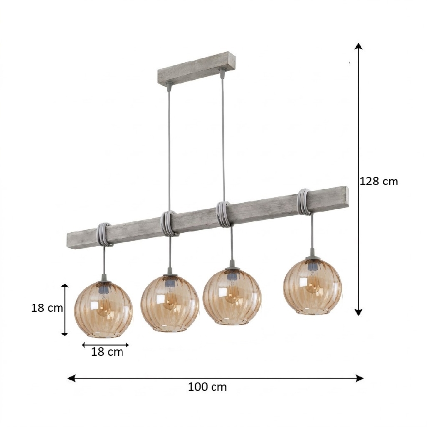 Brilagi - Viseči lestenec na kablu WOOD GLASS 4xE27/60W/230V borovica/siva/dimno rjava