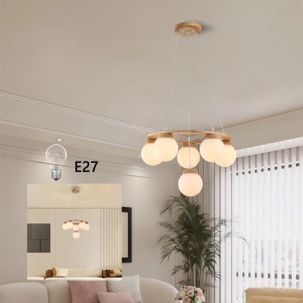 Brilagi - Lestenec na vrvici VISBY WOOD 6xE27/60W/230V premer 58 cm kaučukov les