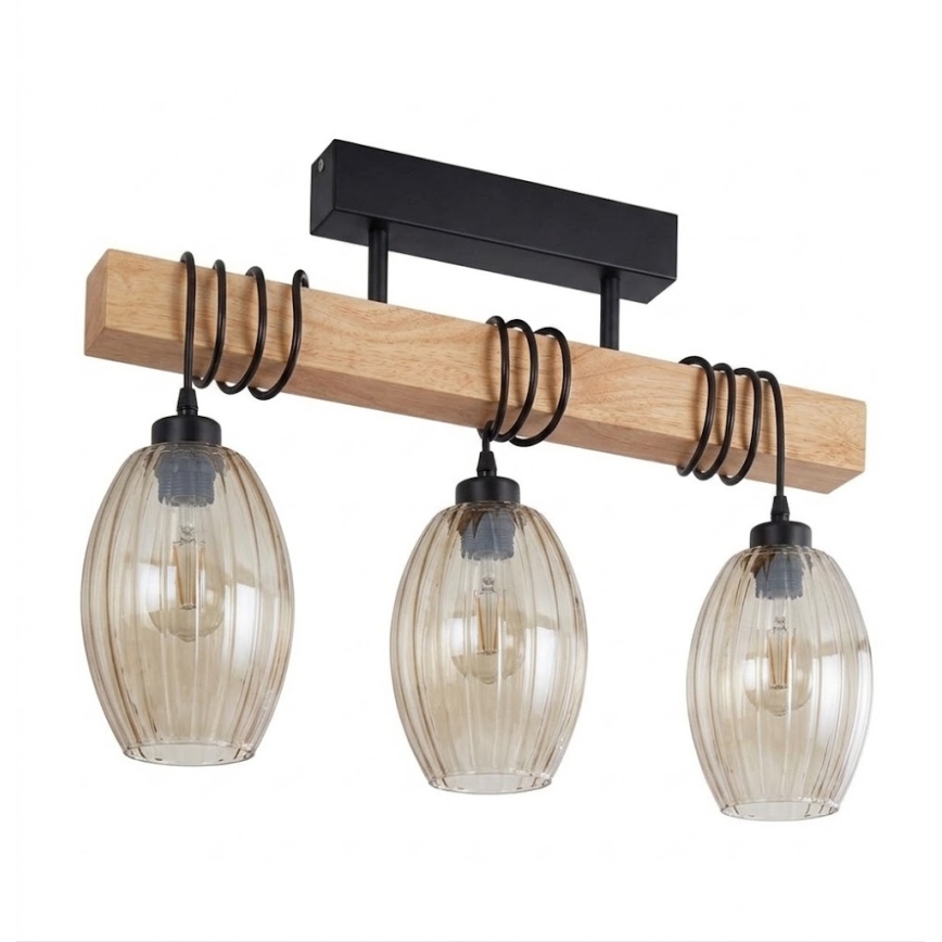 Brilagi - Stropno pritrjen lestenec WOOD GLASS 3xE27/60W/230V borovina/črna/dimljeno bež