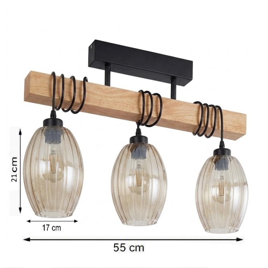 Brilagi - Stropno pritrjen lestenec WOOD GLASS 3xE27/60W/230V borovina/črna/dimljeno bež