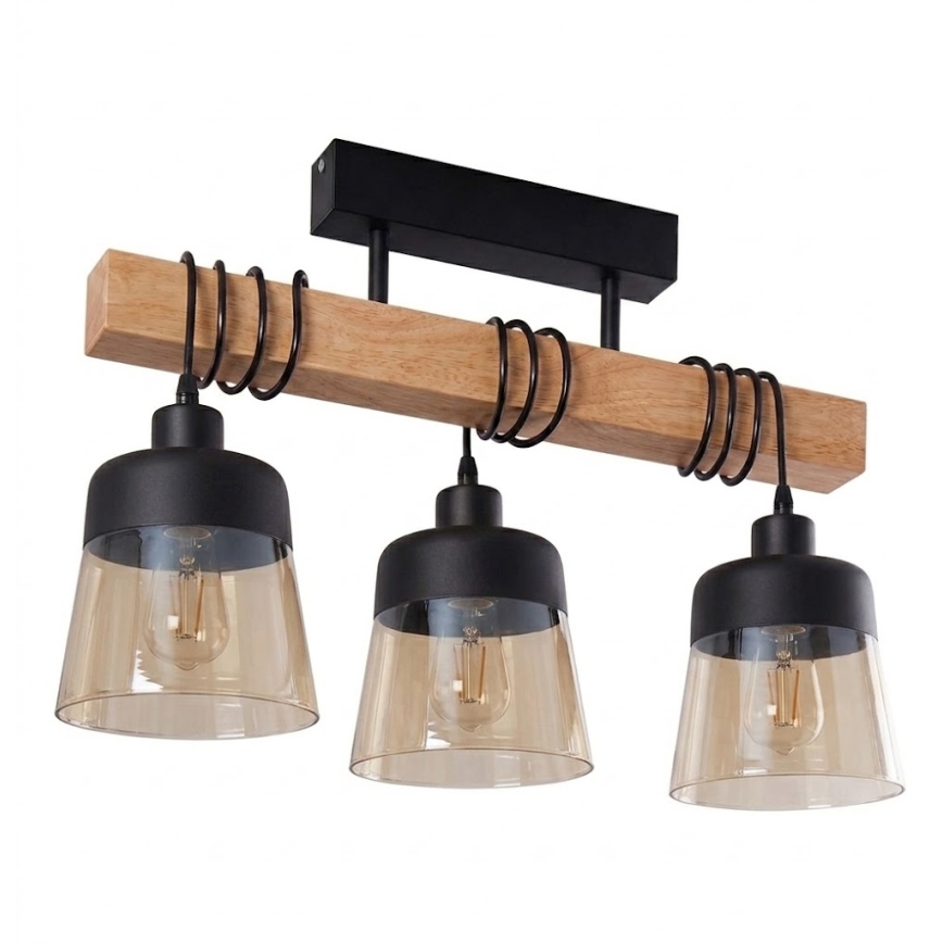 Brilagi - Stropni lestenec WOOD GLASS 3xE27/60W/230V borovica/črna/dimno rjava