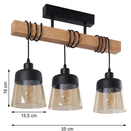 Brilagi - Stropni lestenec WOOD GLASS 3xE27/60W/230V borovica/črna/dimno rjava
