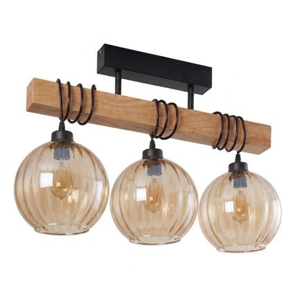 Brilagi - Pritrdjen stropni lestenec WOOD GLASS 3xE27/60W/230V borovica/črna/dimno rjava