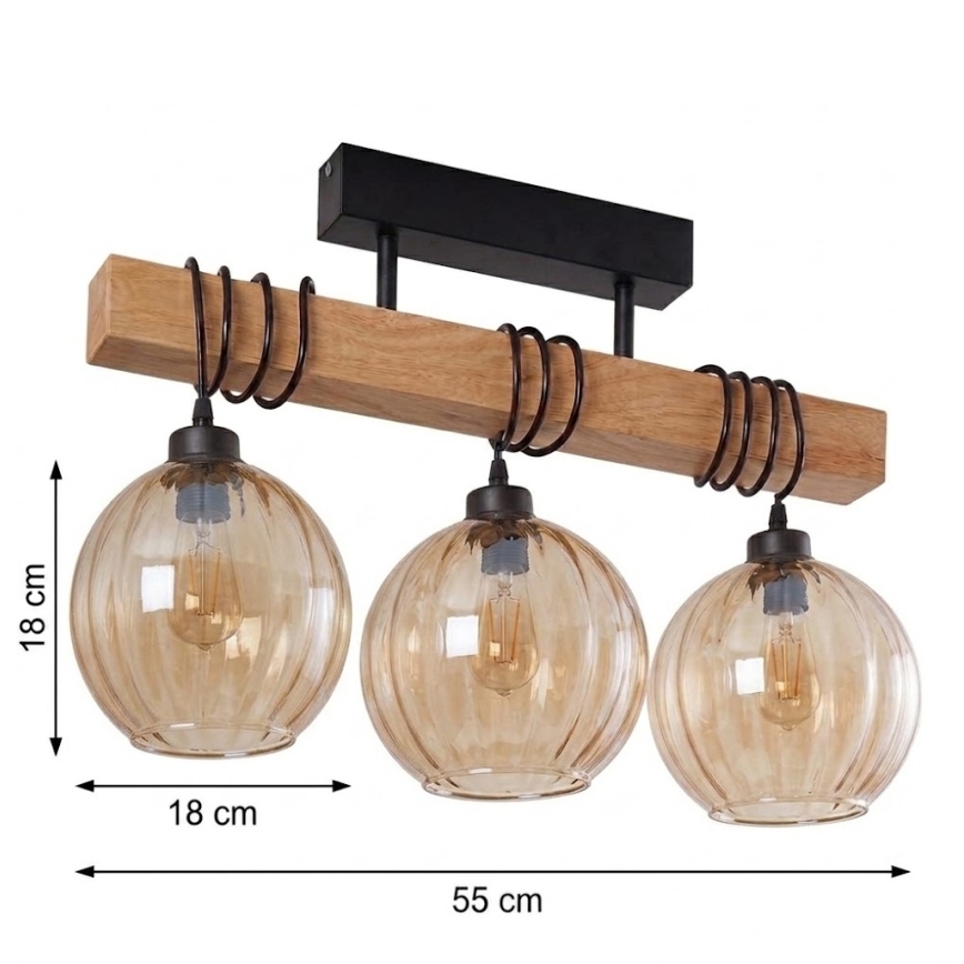 Brilagi - Pritrdjen stropni lestenec WOOD GLASS 3xE27/60W/230V borovica/črna/dimno rjava