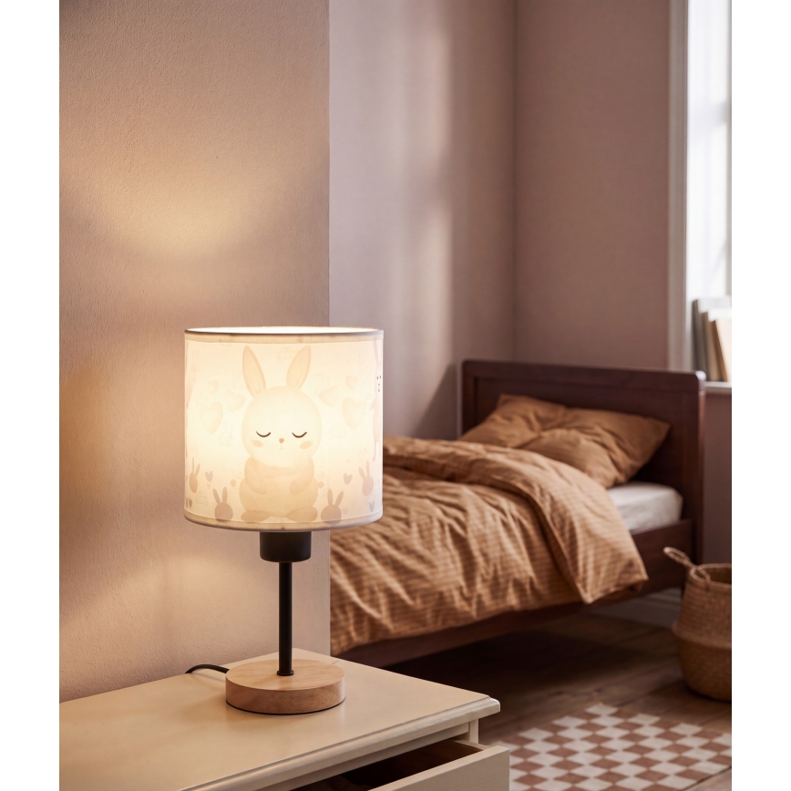 Brilagi - Otroška namizna svetilka BOBO WOOD 1xE27/25W/230V hrast/črna/bela/zajčki