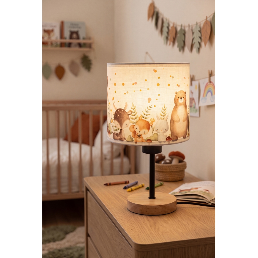Brilagi - Otroška namizna svetilka BOBO WOOD 1xE27/25W/230V hrast/črna/bela/živalski motiv