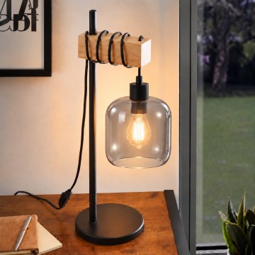 BRILAGI - Namizna svetilka WOOD GLASS 1xE27/40W/230V rjava/črna/dimna siva