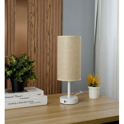 Brilagi - Namizna svetilka z USB-priključkom TABLON 1xE27/25W/230V bela/bež
