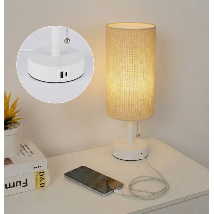 Brilagi - Namizna svetilka z USB-priključkom TABLON 1xE27/25W/230V bela/bež