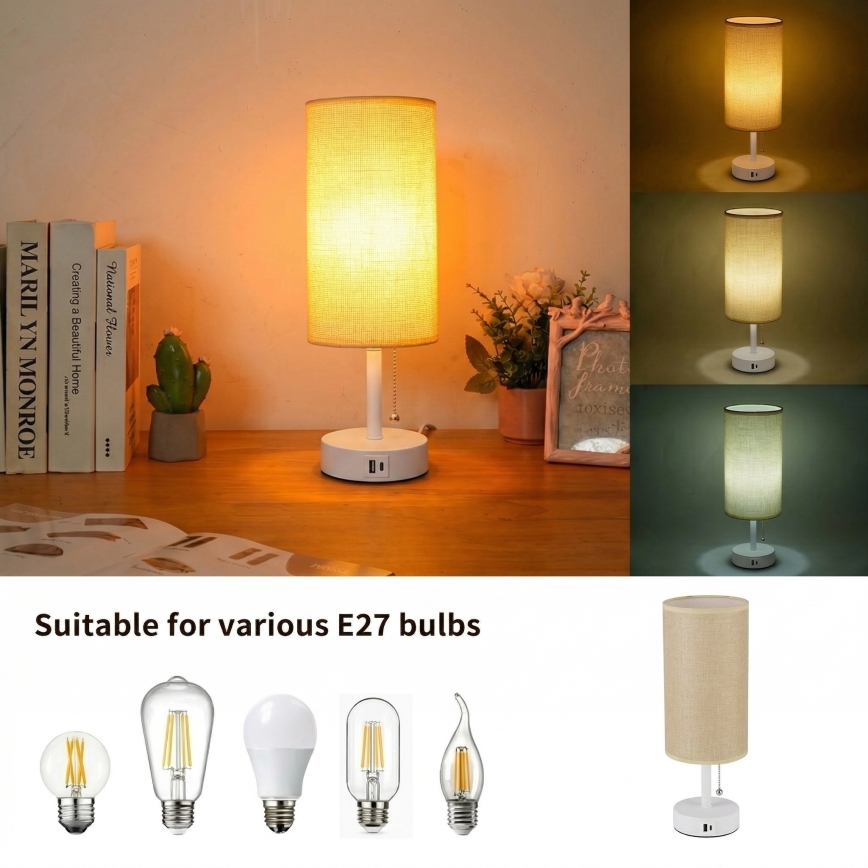 Brilagi - Namizna svetilka z USB-priključkom TABLON 1xE27/25W/230V bela/bež