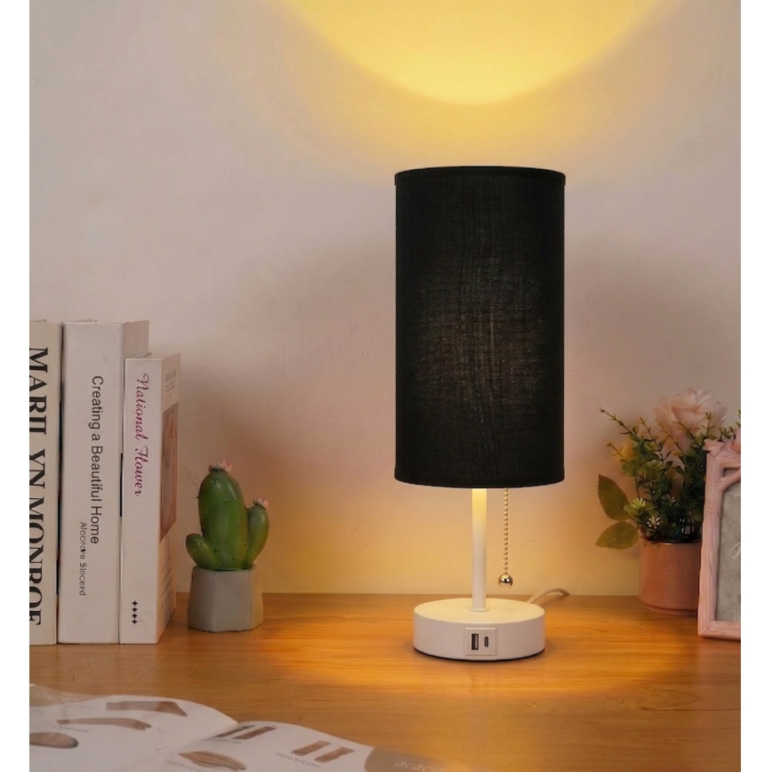 Brilagi - Namizna svetilka z USB priključkom TABLON 1xE27/25W/230V bela/črna
