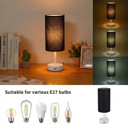 Brilagi - Namizna svetilka z USB priključkom TABLON 1xE27/25W/230V bela/črna