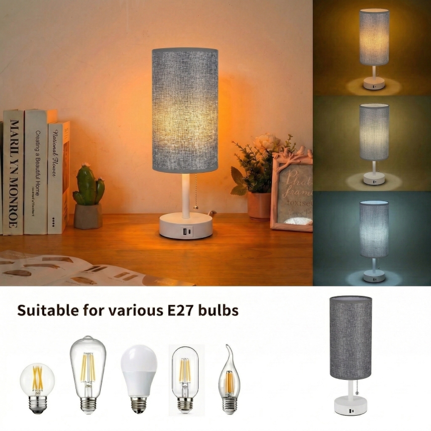 Brilagi - Namizna svetilka z USB-priključkom TABLON 1xE27/25W/230V bela/siva