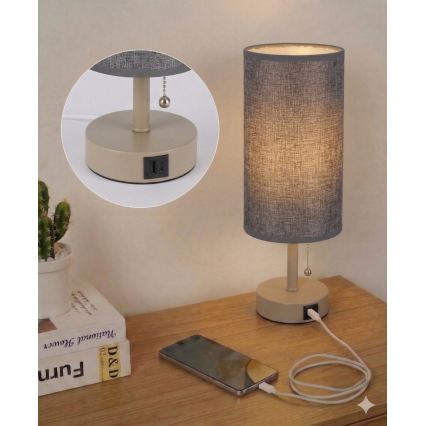 Brilagi - Namizna svetilka z USB-priključkom TABLON 1xE27/25W/230V bež/siva